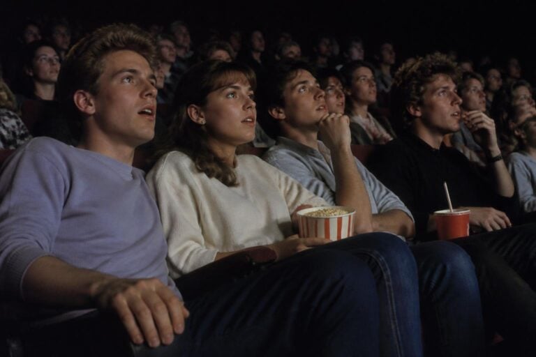 Friends in an 80s movie theater gripping their seats during a sci fi film