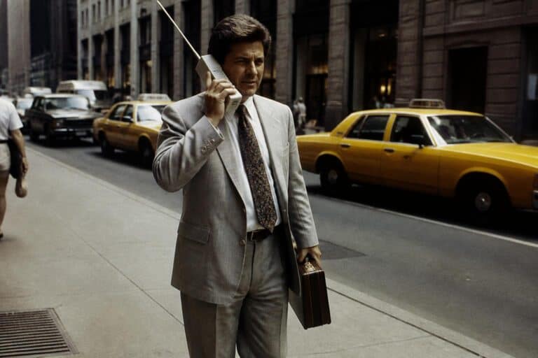 80s businessman in a shoulder pad suit talking on a giant brick cell phone on a city street