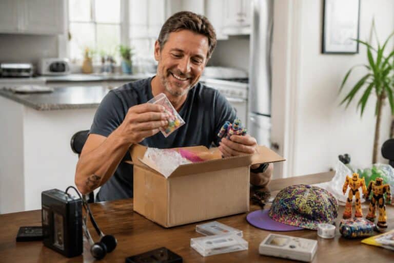 Adult smiling while unboxing retro toys and old fashioned candy at a kitchen table