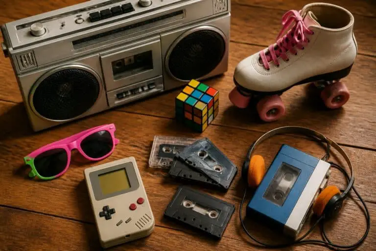 Flat lay of iconic 80s objects: boombox, cassette tapes, puzzle cube, handheld game, neon sunglasses and a roller skate