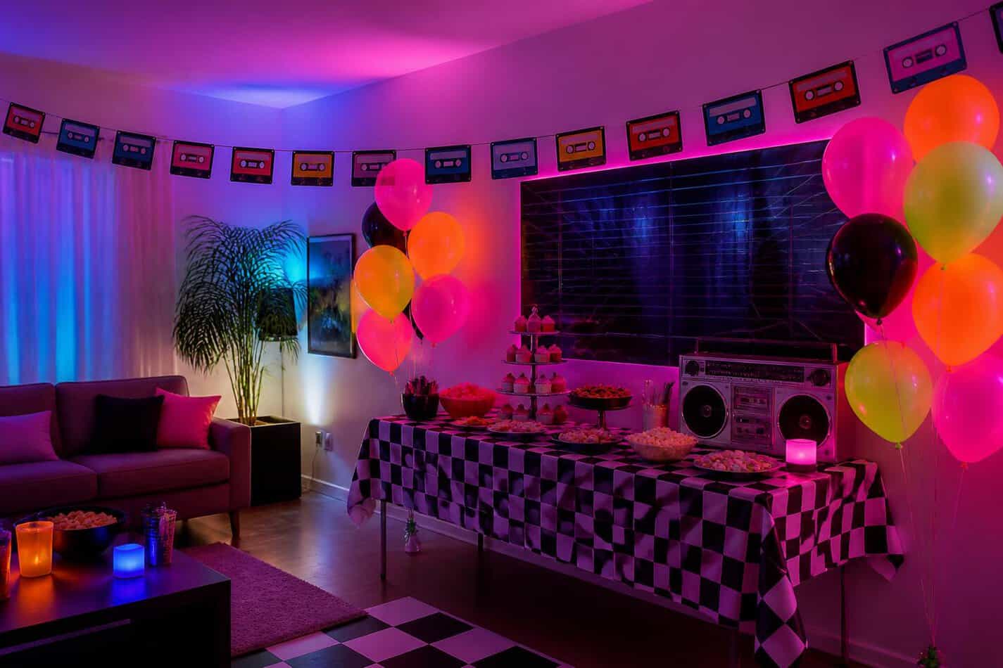 Living room decorated for an 80s theme party with neon balloons, a cassette garland and a boombox on the snack table