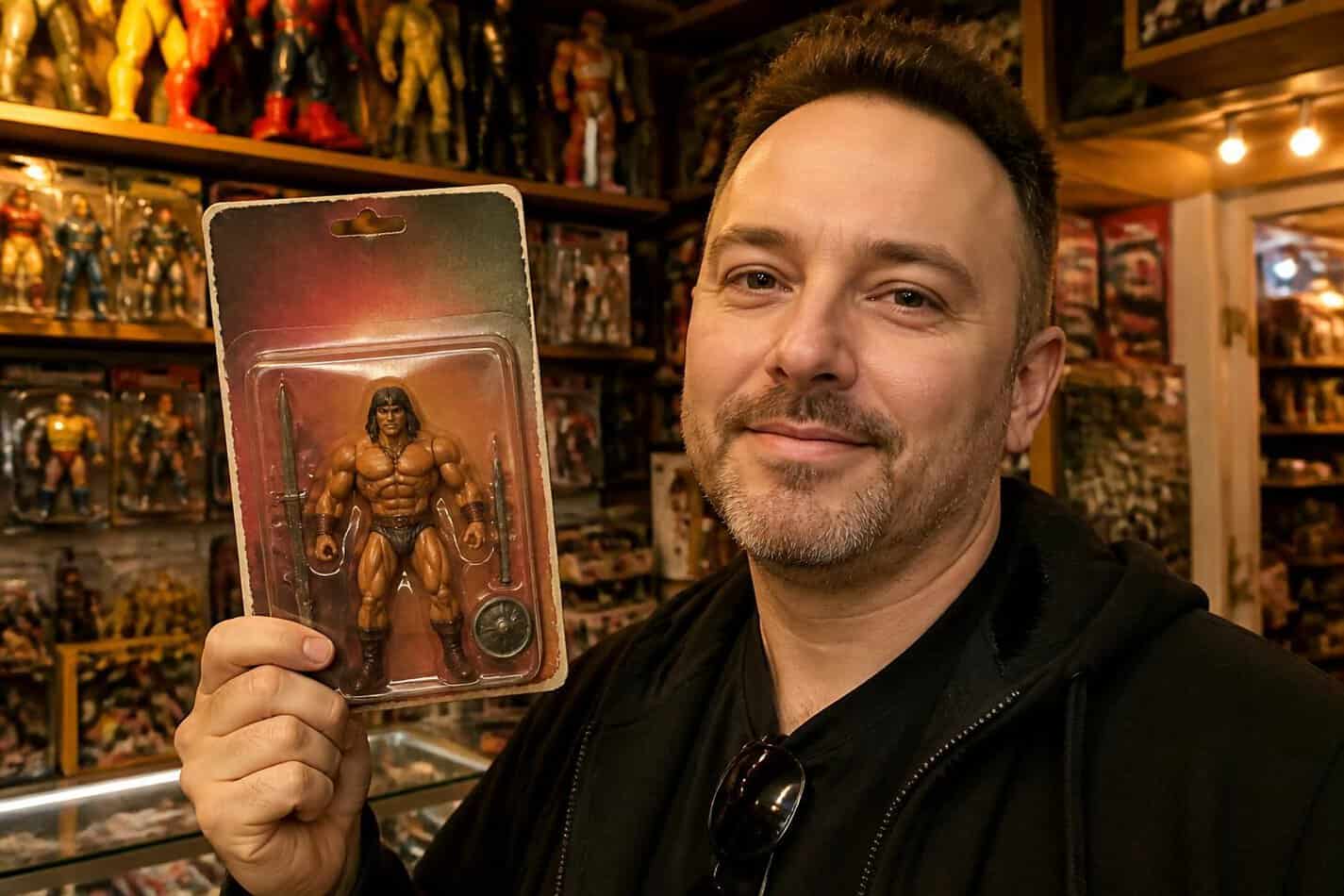 Collector holding a vintage action figure still in its package in a retro toy shop