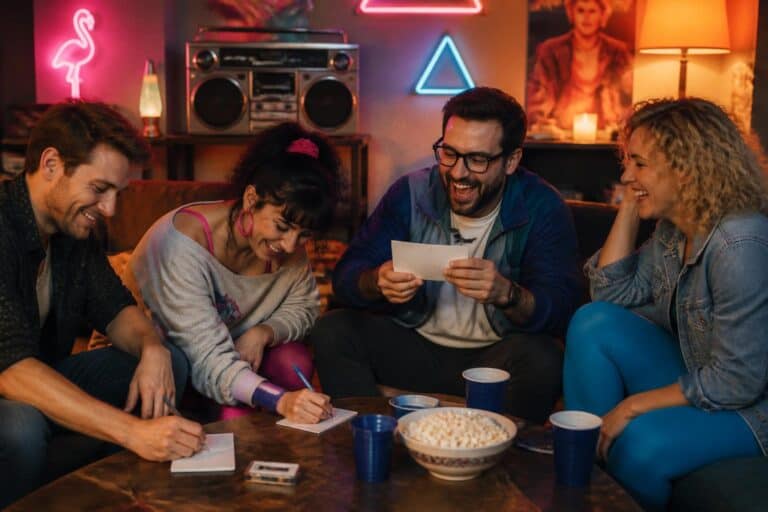 Friends laughing at an 80s themed trivia night in a living room