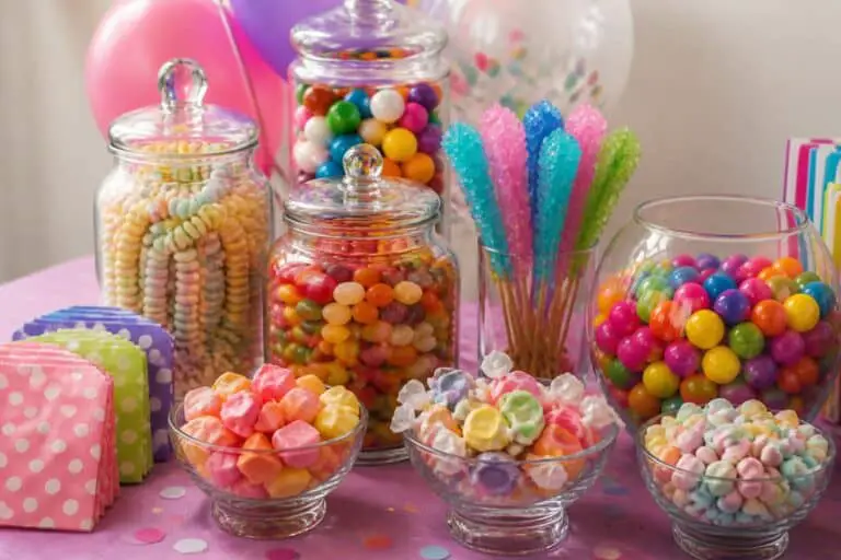 Retro candy table with glass jars of gumballs, candy necklaces and rock candy