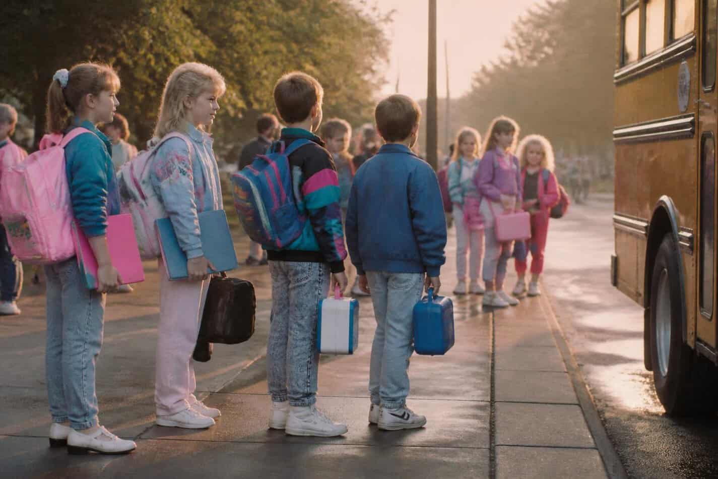 Kids at an 80s school bus stop on the first day of school with neon backpacks and lunchboxes