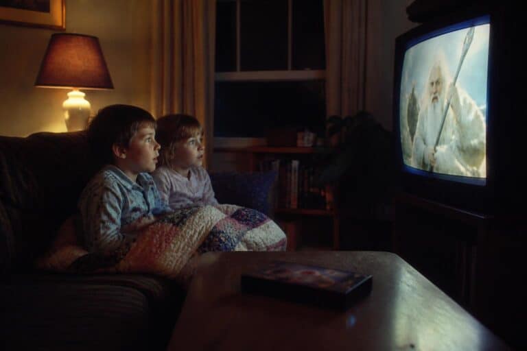 Two kids in pajamas wrapped in a blanket watching a fantasy movie on a big box TV