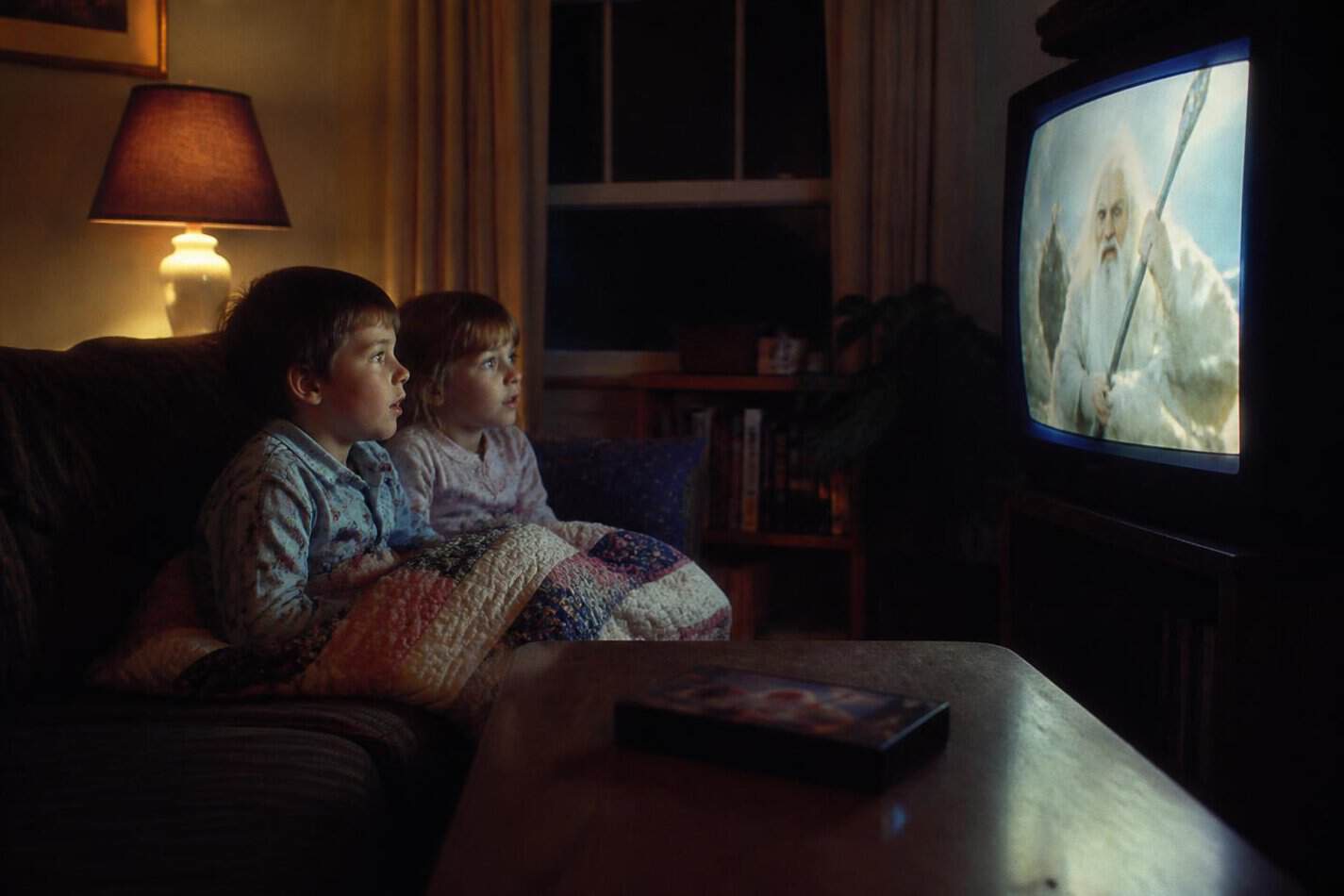 Two kids in pajamas wrapped in a blanket watching a fantasy movie on a big box TV