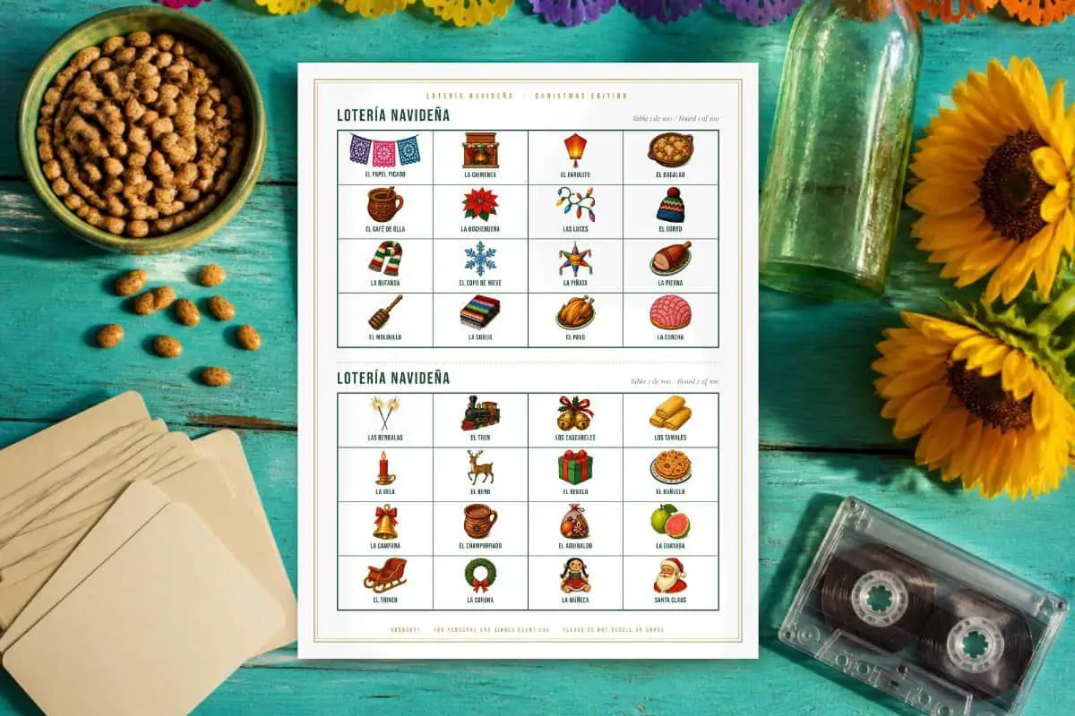 Printed Lotería Navideña tablas with bean markers, everything you need for how to play lotería