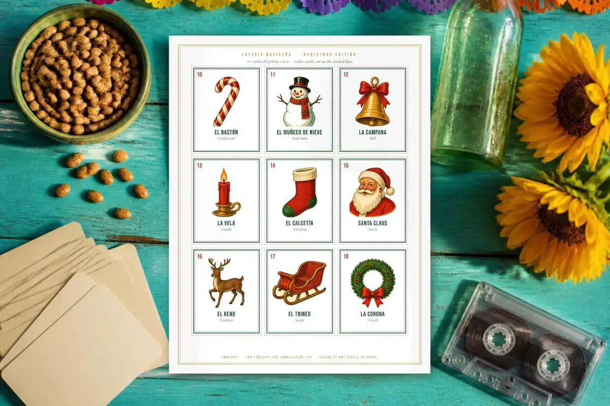 Bilingual Christmas lotería caller cards with Spanish and English names, el bastón, la vela, el reno