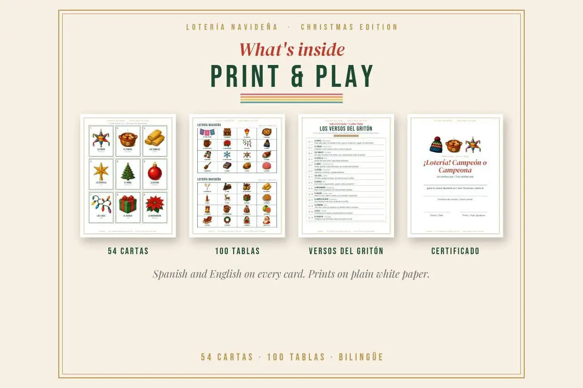 What is inside the Lotería Navideña printable: 54 cards, 100 tablas, caller verses and a winner certificate