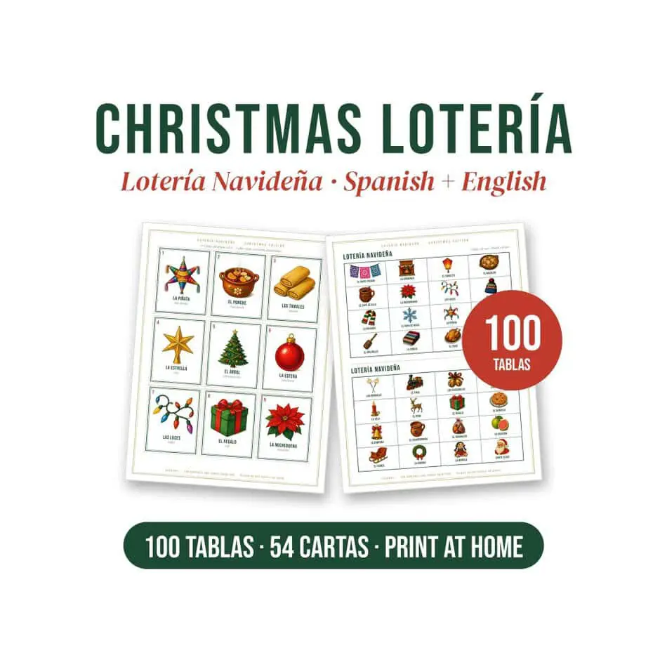 Christmas lotería printable, Lotería Navideña with 54 bilingual cards and 100 tablas