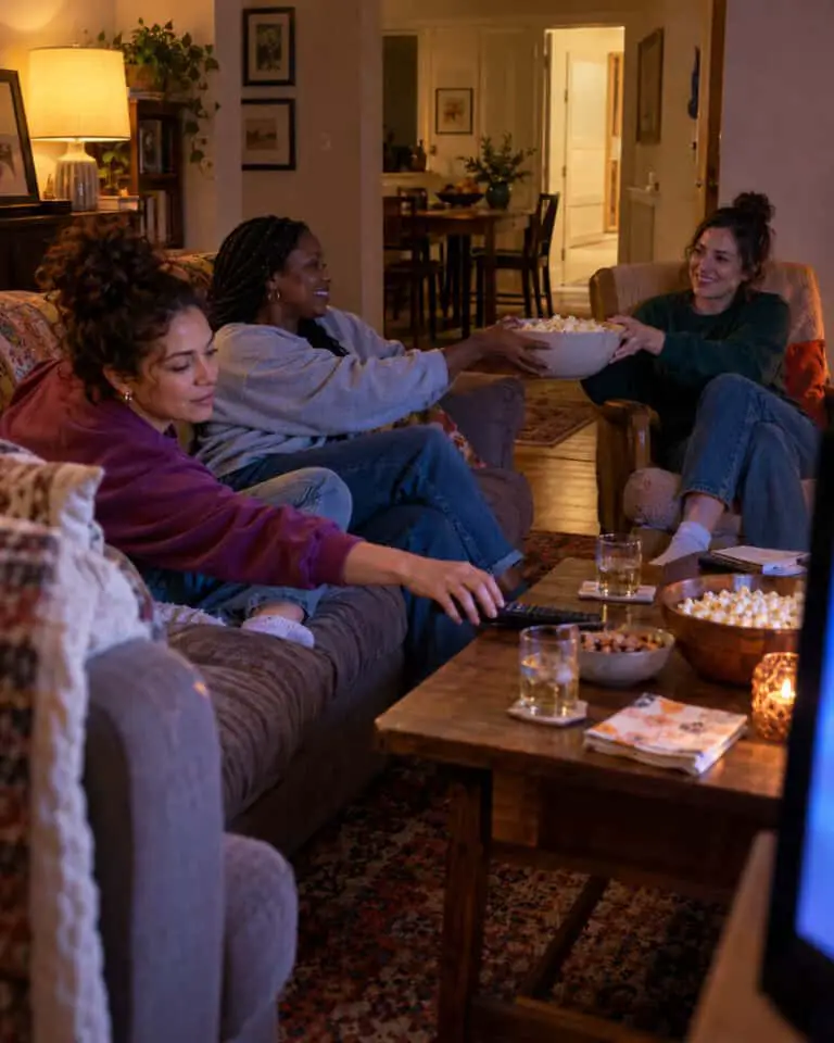 Illustrative movie-night scene with three friends sharing popcorn in a warm living room with comfortable seats and a small snack table.